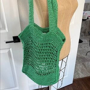 H&M Emerald Green Crochet Tote Bag.
